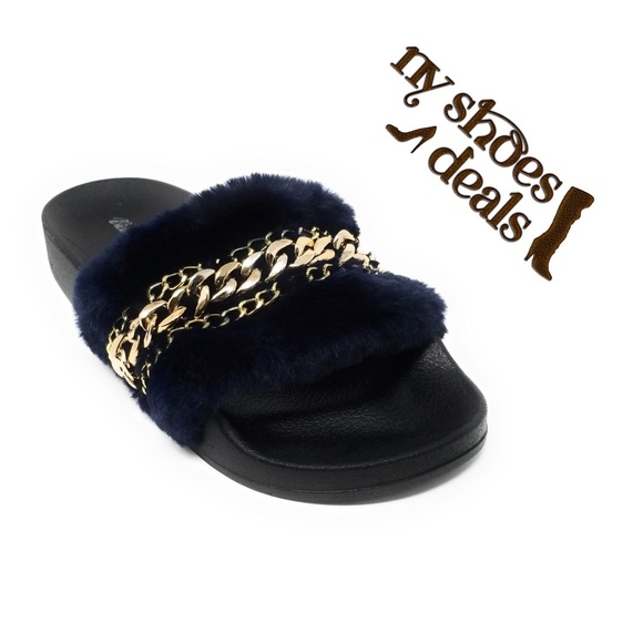 Victoria K Shoes - Women Blue Fluffy Faux Fur Linked Chain Sandals